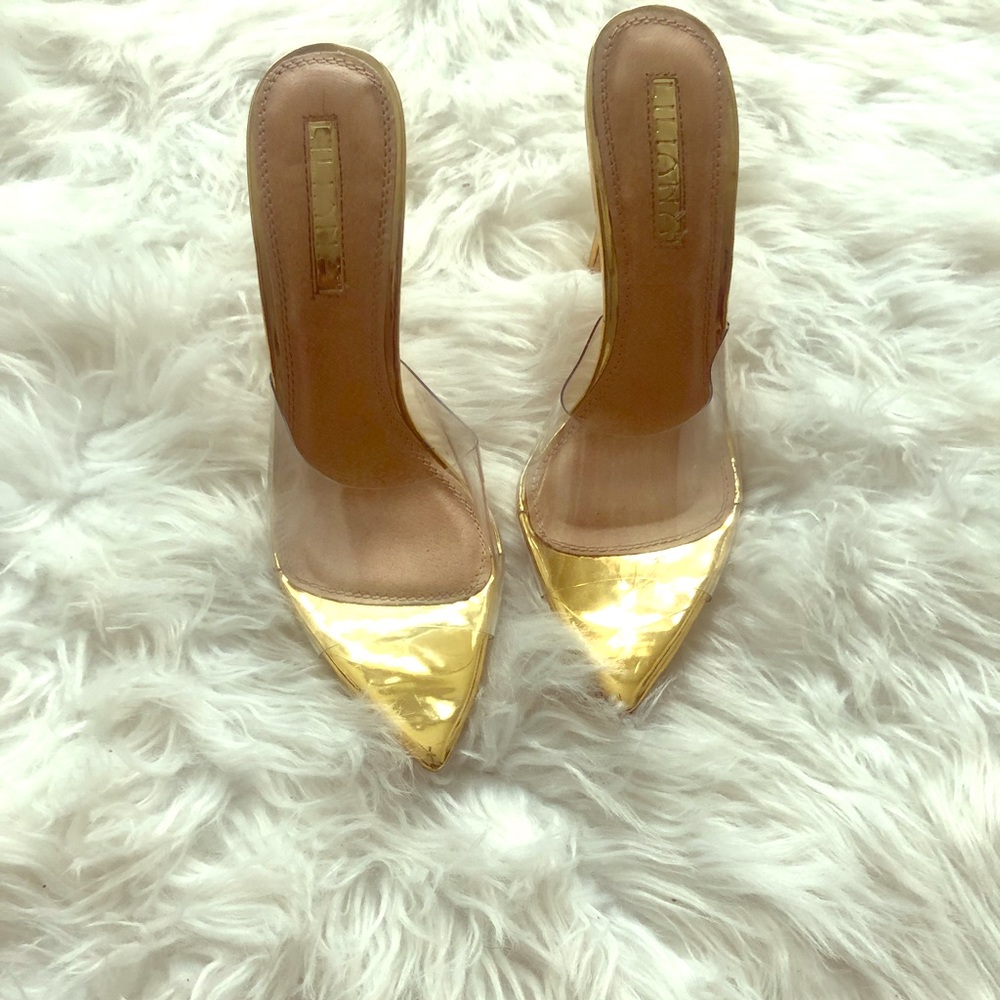Clear and gold mules
